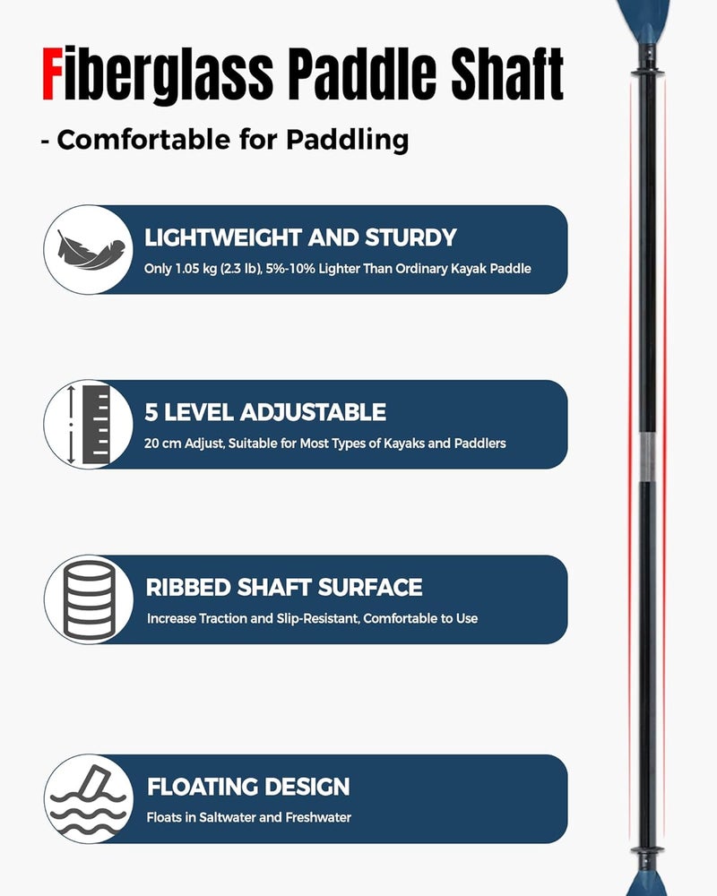 WONITAGO Angler Kayak Paddle with Fiberglass Shaft and Plastic Blade, Floating Adjustable Fihsing Kayak Oar, 220-240 cm/86-94", 240-260 cm/94-102", 260-280 cm/102-110" - Image 3